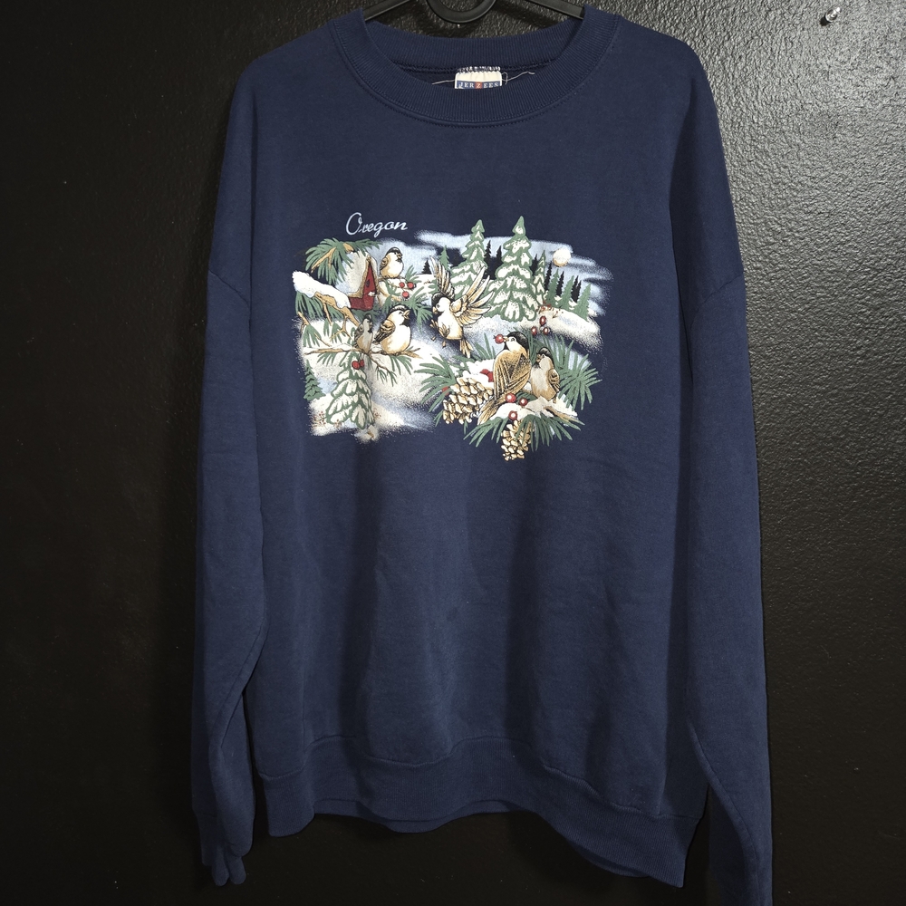 Jerzees Vintage Navy Blue Winter Scene Men's Sweater